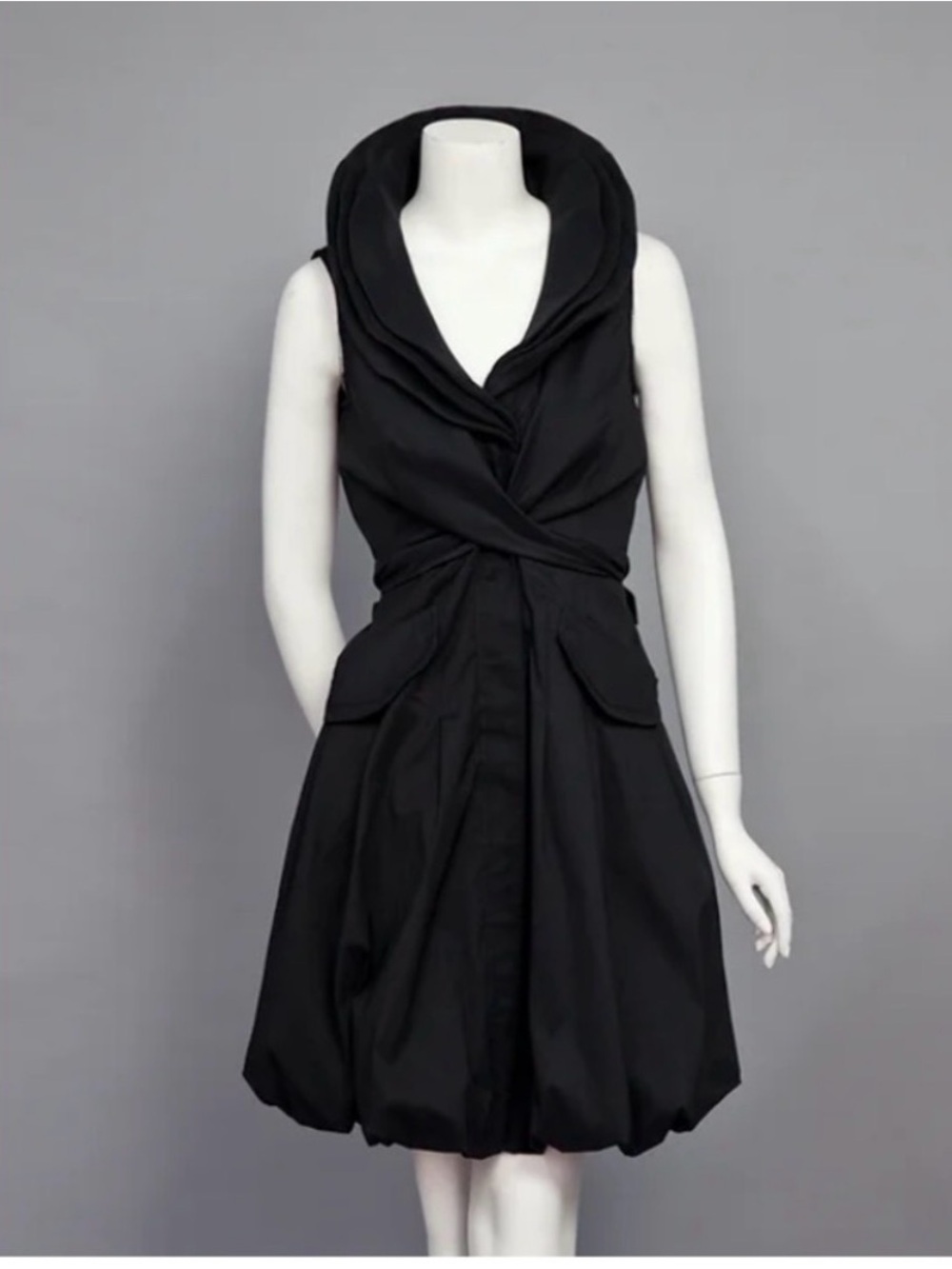 Samuel Dong Bubble Dress Black Sleeveless Tie Waist Dupioni Women M